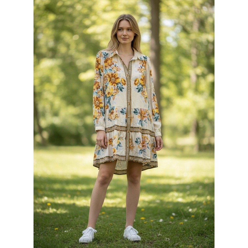 Anthropologie Panel Print Shirtdress Long Sleeve Floral Cream Yellow Sz Small
